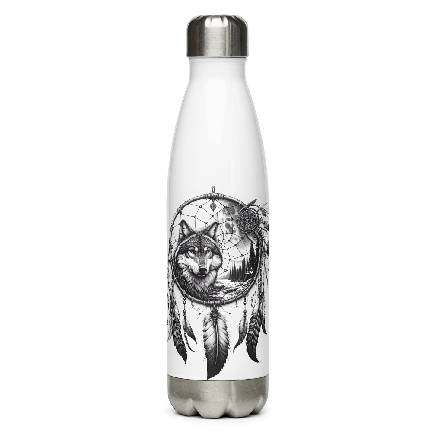 Una Lupa - Edelstahl-Trinkflasche weiß - Traumfänger mit Wolf - 500 ml